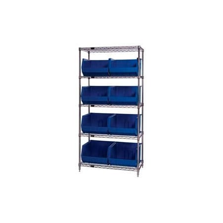 Global Industrial Chrome Wire Shelving With 8 Giant Plastic Stacking Bins Blue, 36x18x74 268933BL